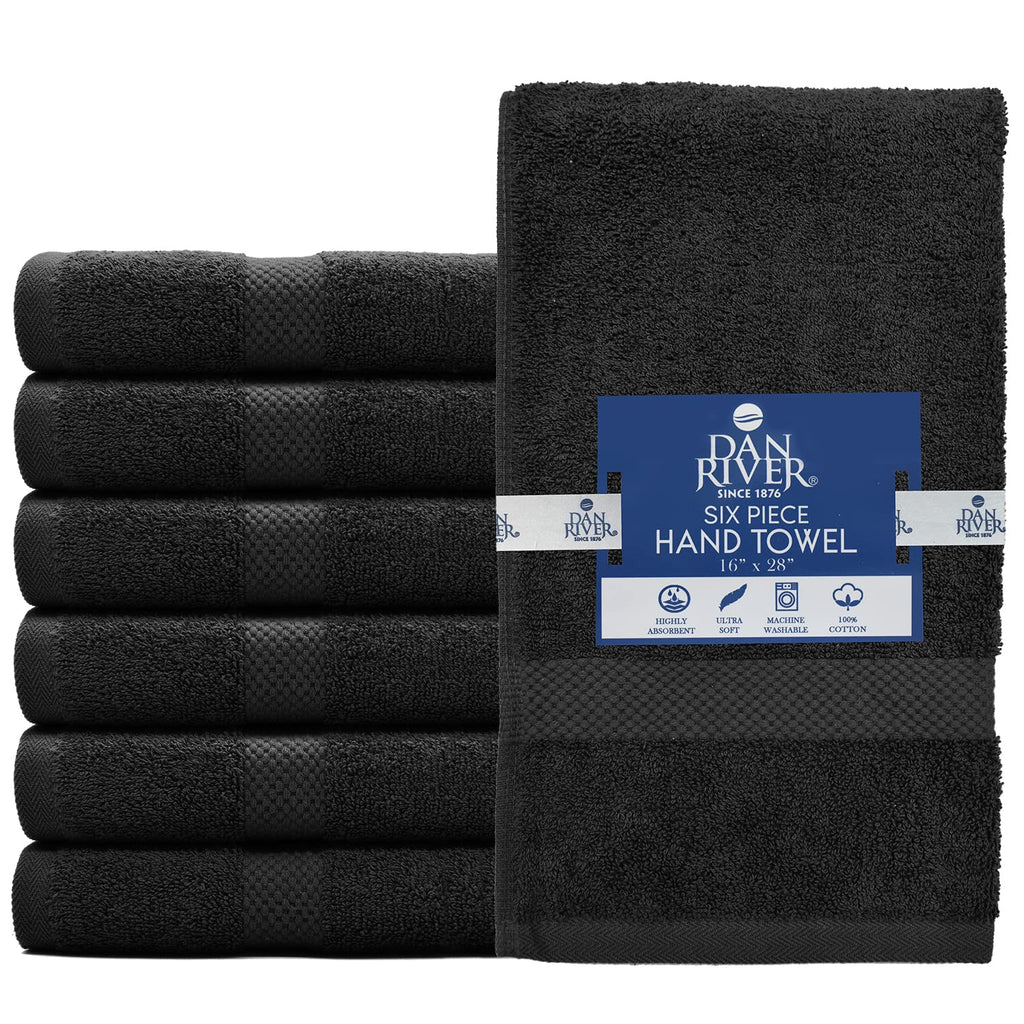 DAN RIVER 6-Pack Premium Hand Towels (16x28 Inches) - 100% Cotton, Ultra Soft, Lightweight, Highly Absorbent Towels for Bathroom, Spa, Gym, Salon, Hotel, and Travel - Black