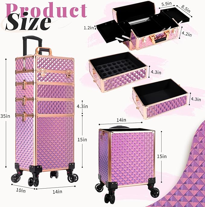 AROUS Rolling Train Makeup Case Cosmetology Case on Wheels, Pink
