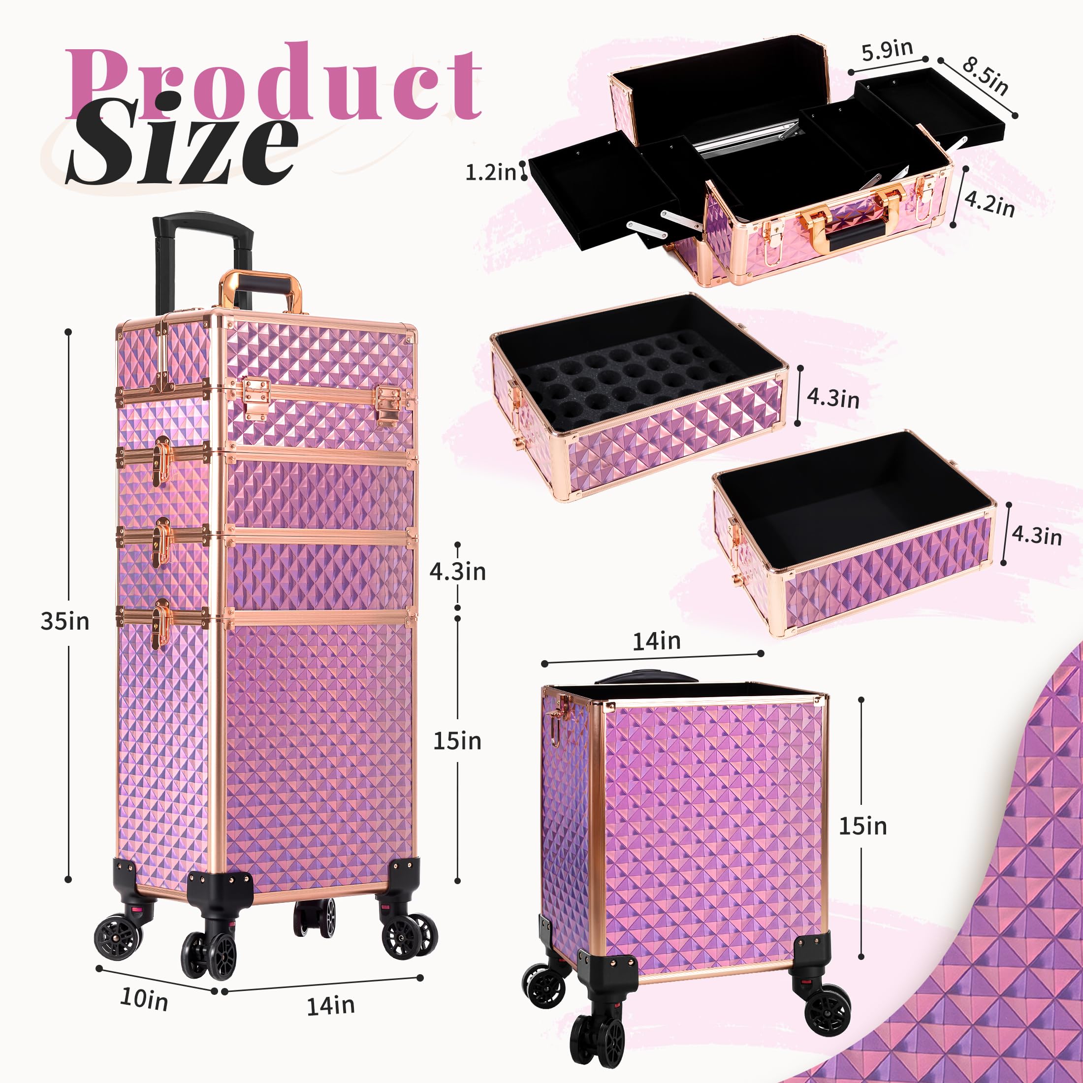 AROUS Rolling Train Makeup Case Cosmetology Case on Wheels, Pink