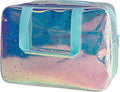 TotePrint Holographic Blue Clear Star Large Cosmetic Bag and TPU Travel Pouch with Handle,Durable Material,Zipper Design-Ideal for Makeup,Travel Essentials (Holographic Blue+Stars)