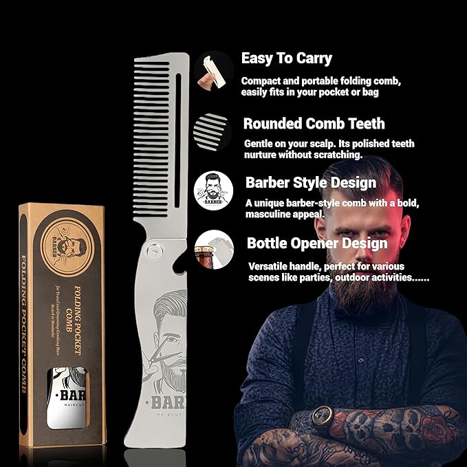 Metal Beard Comb for Men, Folding, 201 Steel, Laser-Etched Handle, 0.17lb