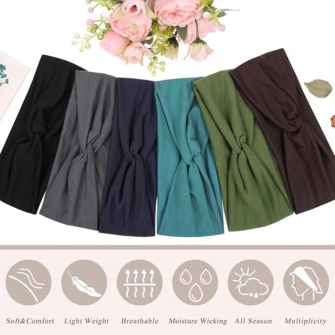 XTREND 6 Pcs Headbands for Women, Twisted Cross Elastic Head Bands Yoga Workout Non-Slip Sweat Soft Solid Color Simple Versatile Hair Accessory Hairbands