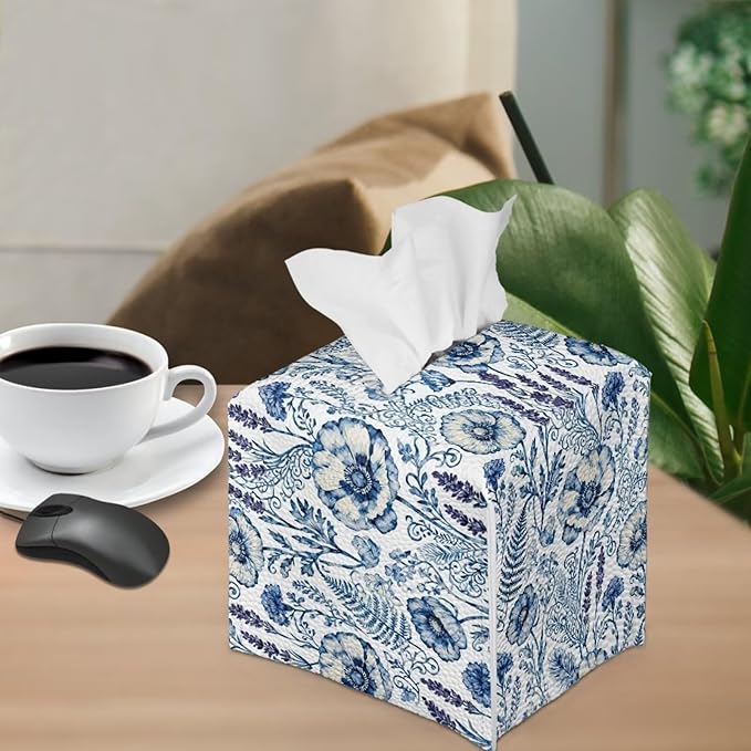 Blue Flowers Tissue Box Holder Square PU Leather Tissue Organizer Case with Metal Button Waterproof Napkin Holder for Home Office Car Automotive Decor