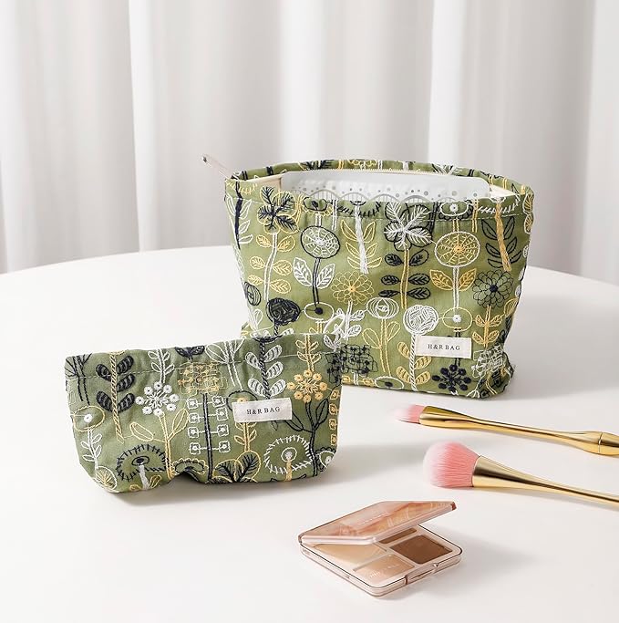 getgto 2 Pcs Makeup Bags, Large Cosmetic Bag Travel Toiletry Bag Organizer for Women, Embroidery Craft,Makeup Bag Small Cosmetic Pouch Purse with Zipper Gifts for Girls Teen