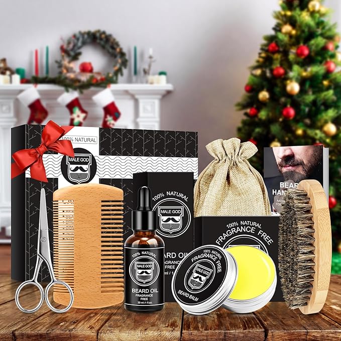 MALE GOD Beard Kit for Men's Grooming & Care, Natural Ingredients Beard Oil, Balm, Brush, Comb, Stocking Stuffers for Adult Men, Chirismtas & Birthday Gifts for Men Dad Him Husband Boyfriend Brother