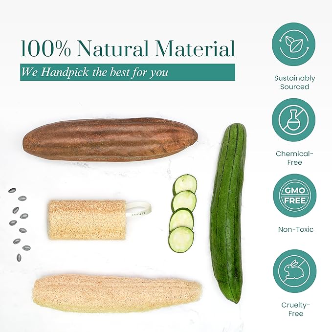 LUFAFY 5‑Pack (6") Natural Loofah Sponge, Exfoliating Body Scrubber for Shower, Luffa Sponge, Bath & Kitchen – Plant-Based