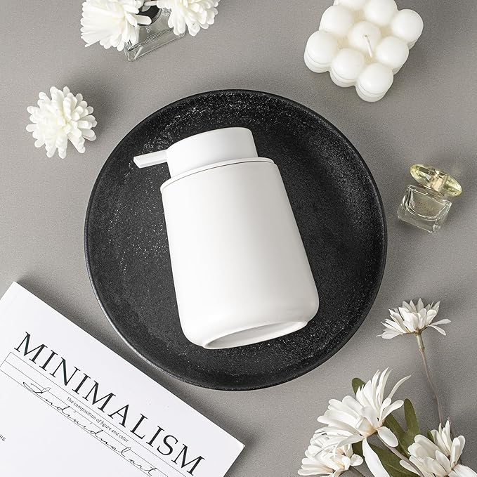 AZMOYAC Foaming Soap Dispenser - 12 OZ White Ceramic Foam Soap Dispenser for Bathroom, Hand Wash Dispenser Bottle with Black Foaming Pump, Refillable Dish Dispenser Kitchen