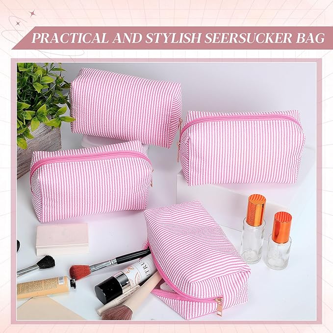 Sanwuta 6 Pcs Seersucker Cosmetic Bags Bulk Seersucker Makeup Bags Stripe Women Pouch Large Preppy Storage Pouch Toiletry Travel for Wedding Bridesmaid Bride Favor Back to Teacher Gift (Pink)