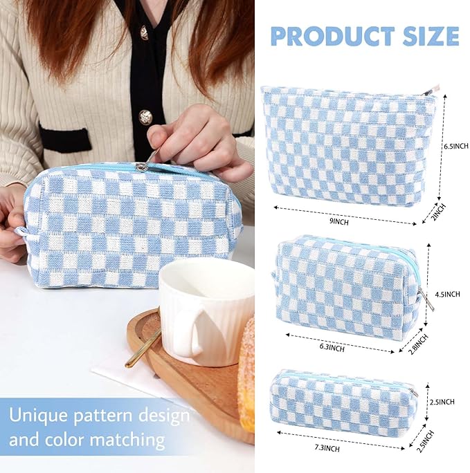 Gocvo 3 Pcs Makeup Bag Cosmetic Bag Set for Girls Women Checkered Travel Organizer Bathroom Toiletry Pouch Large Capacity Storage Bag (Blue-White)