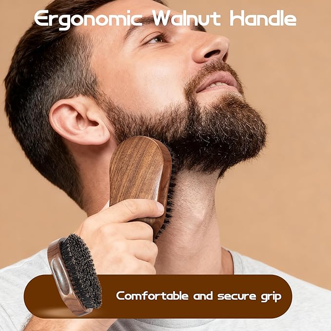 GROOMAGE Beard Brush for Men，4.2 in Boar Bristle Beard Brush & Hair Brush