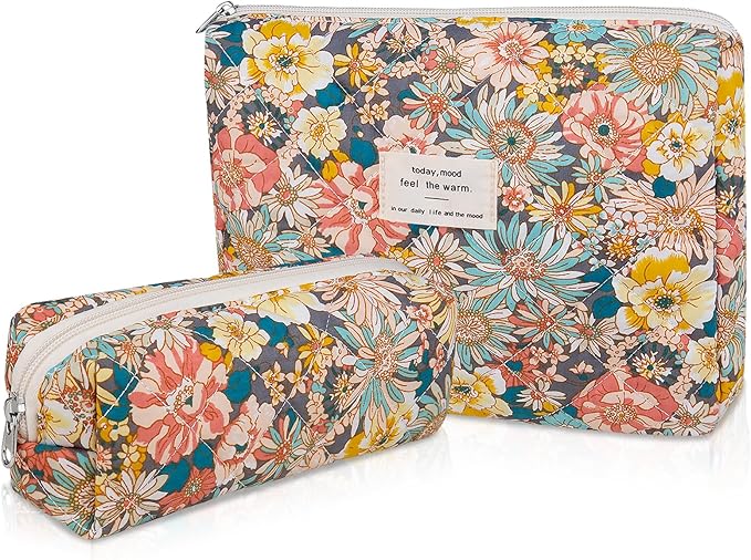 Gosect 2PC Makeup Bag Set, Cute Cosmetic Bag for Women Girls, Floral Coquette Aesthetic Toiletry Bag, Travel Make Up Organizer Bag (South Twigs Flower)