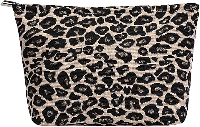 RIKMOXR Brown Leopard Canvas Makeup Bag Organizer for Women & Girls - Large Capacity Travel Toiletry Pouch | Purse Organizer Cosmetic Zipper Bag