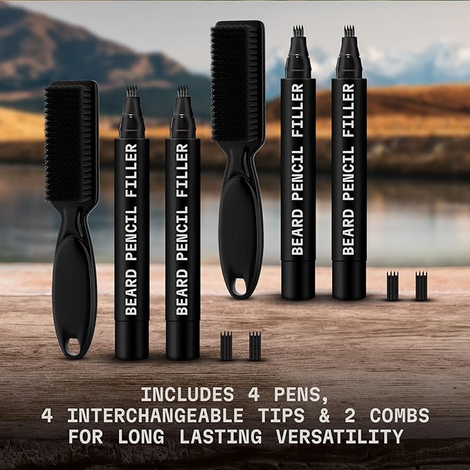 4 Pack Beard Filling Pen Kit with 4 Tips - Waterproof Beard Pencil for Men, Fill, Shape & Define with Brush - Striking Viking (Jet Black)