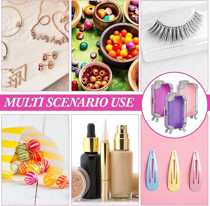 Honeydak 3 Pcs Mini Plastic Suitcase False Eyelashes Tray Luggage Trolley Candy Box Clear Suitcase Packaging Case Party Favor Box for Jewelry Cosmetic Hairpins Storage(Romantic,4.7 x 2.8 x 1.3 Inch)