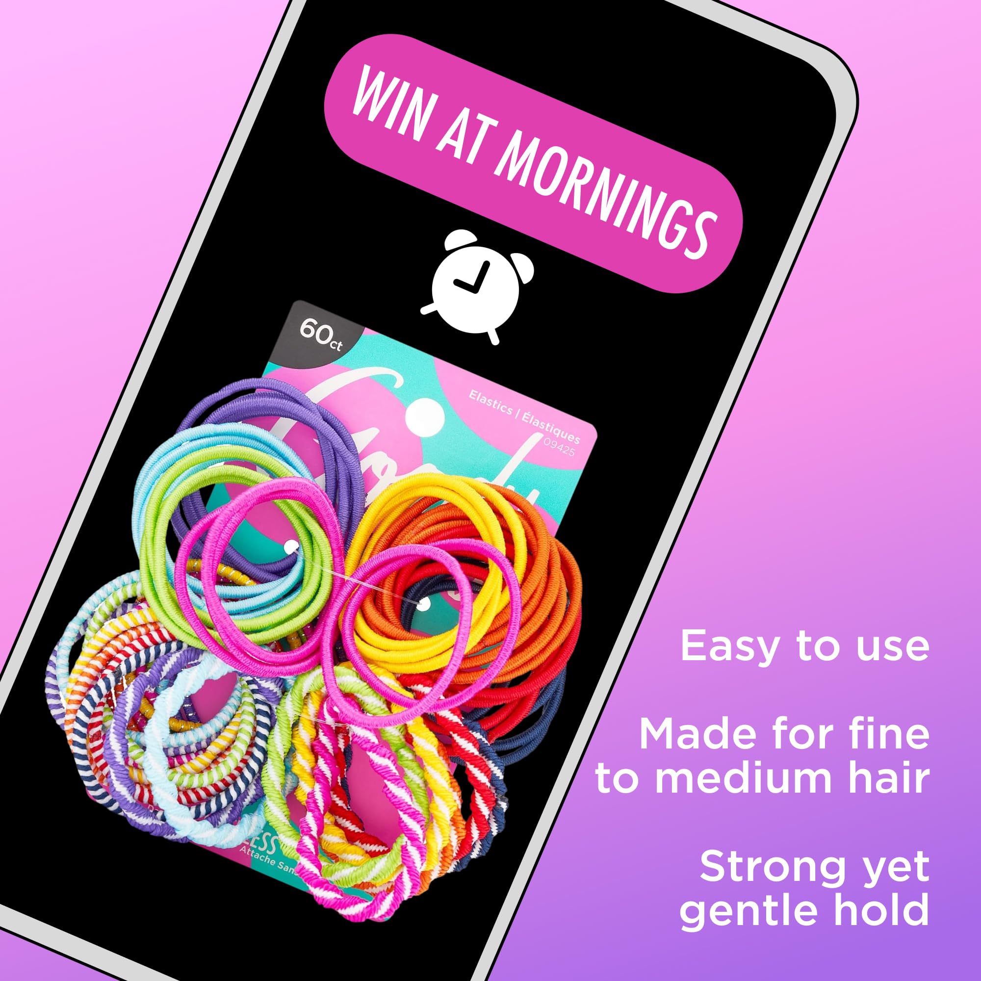 Goody Kids Ouchless Hair Elastics – No Pull, No Breakage, Tangle-Free Hold for Fine Hair – 60 Count, Assorted Colors, Long-Lasting Ponytail Holders for Girls & Boys