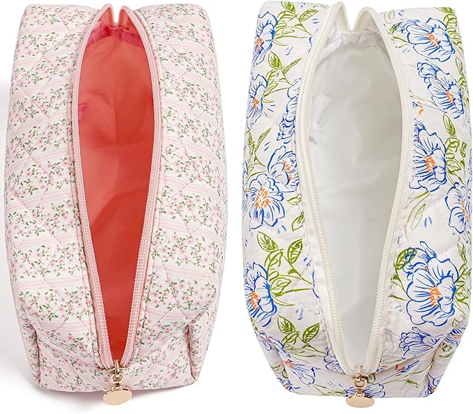 HHQQWZ Makeup Bag Travel Cosmetic Bag for Women Girls, Zipper Make Up Pouch, Floral Flowers Toiletry Organizer Makeup, Portable Storage Bag, Cosmetic Travel Cloth Bag (Pink+Large Blue Flowers)