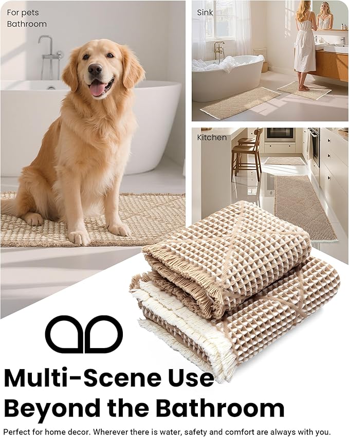 Furicher Waffle Bath Mat Set, Non Slip Bathroom Rugs 2 Piece, Brown & White