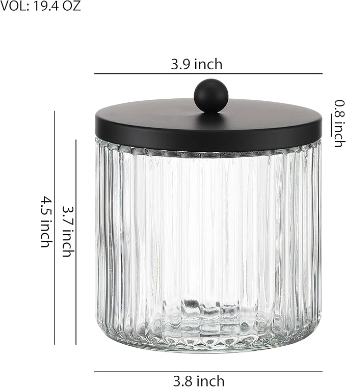 KMwares 2-Pack Glass Qtip Holder Dispenser Set - Bathroom Canister Storage Organizer for Cotton Balls, Swabs, Floss Picks, and Makeup Sponges with Matte Black Metal Lid - Clear Vanity Apothecary Jars