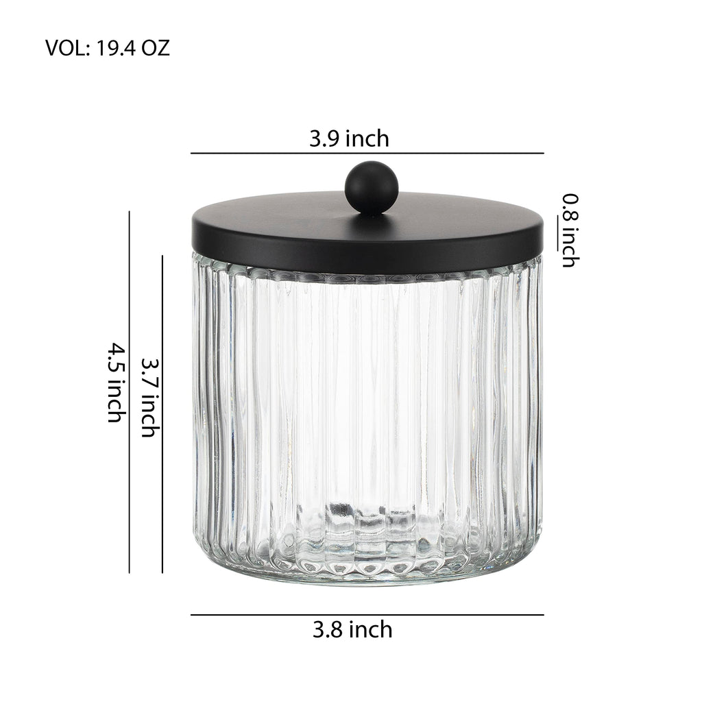 KMwares 2-Pack Glass Qtip Holder Dispenser Set - Bathroom Canister Storage Organizer for Cotton Balls, Swabs, Floss Picks, and Makeup Sponges with Matte Black Metal Lid - Clear Vanity Apothecary Jars
