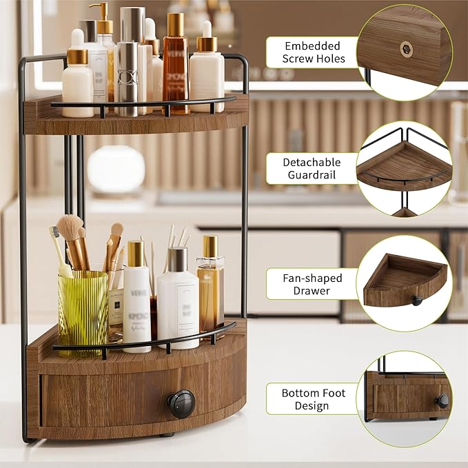 Aollewoiti 2-Tier Corner Bathroom Counter Organizer with Drawer, Dark Brown