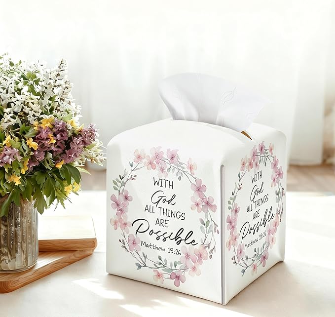 with God All Things are Possible Tissue Box Cover Square, Pink Wreaths Waterproof Leather Tissue Box Holder, Pink Paper Facial Tissue Box Covers Cube for Office Bathroom Home Prayer Room