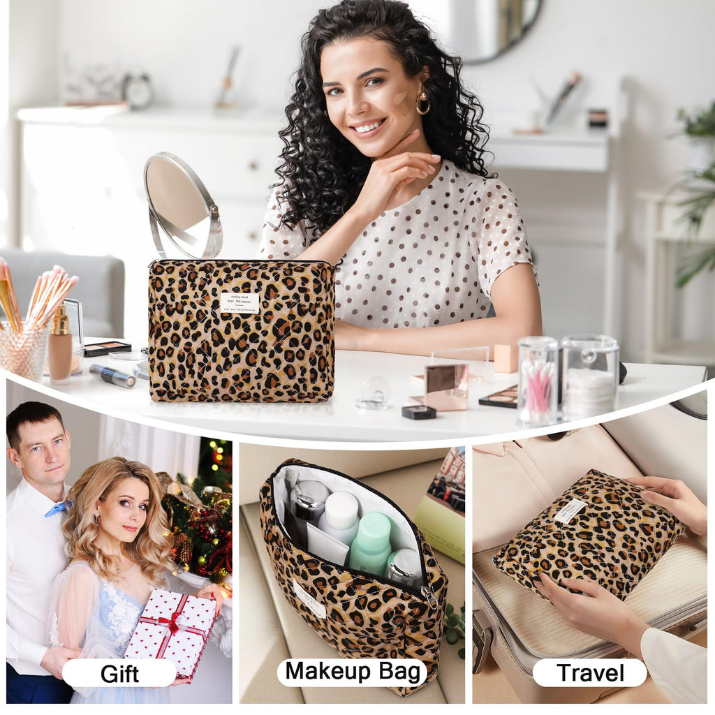 Gosect 2PC Makeup Bag Set, Cute Cosmetic Bag for Women Girls, Floral Coquette Aesthetic Toiletry Bag, Travel Make Up Organizer Bag (Leopard Print)