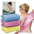 Bathway Exfoliating Washcloth Body Scrubber, 36.81-Inch Quick-Dry Exfoliating Towel, Japanese Loofah Back Scrubber Towel for Women Men (Blue & Rose Red & Yellow, Pack of 3)