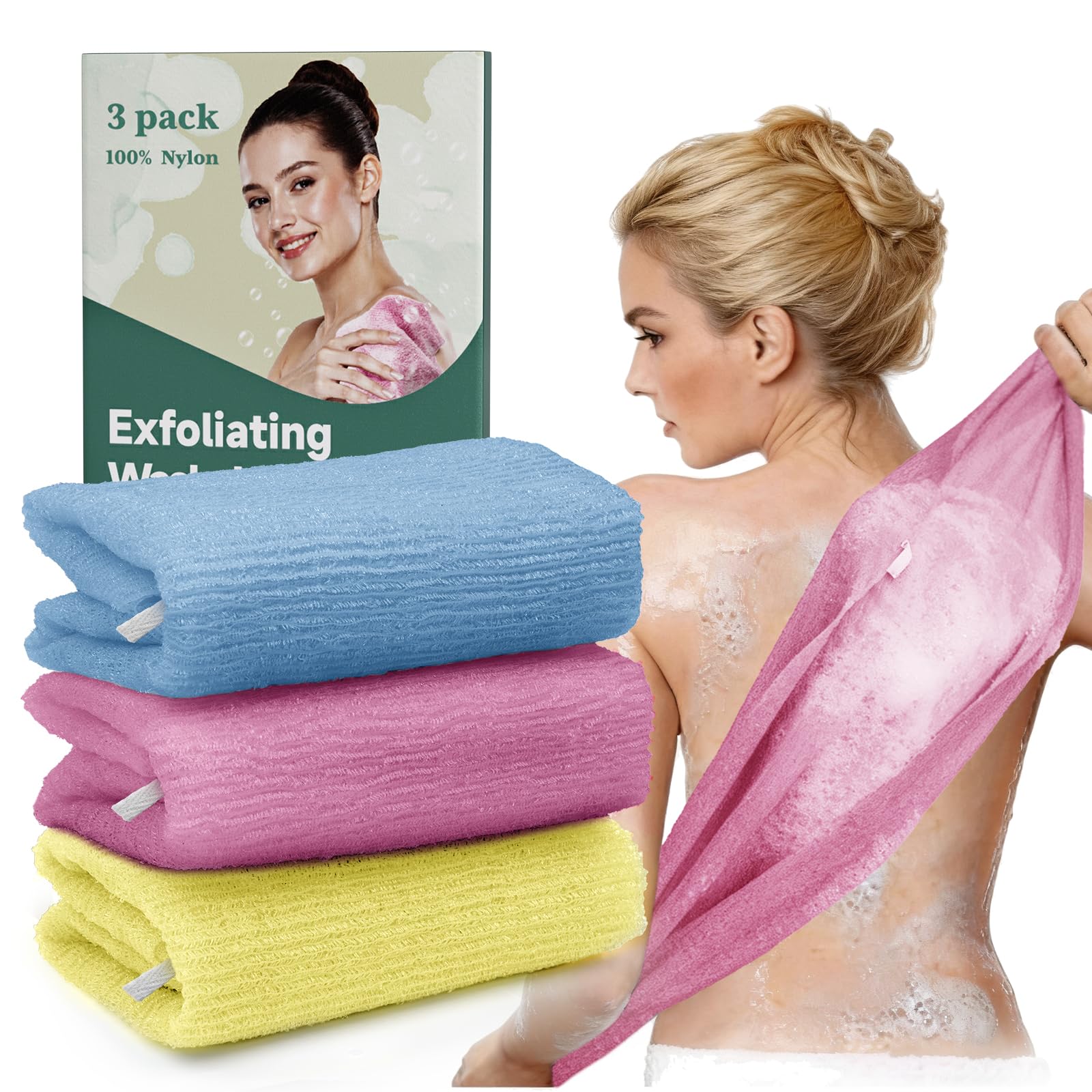 Bathway Exfoliating Washcloth Body Scrubber, 36.81-Inch Quick-Dry Exfoliating Towel, Japanese Loofah Back Scrubber Towel for Women Men (Blue & Rose Red & Yellow, Pack of 3)