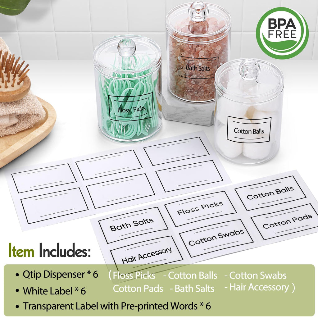 AOZITA 6 Pack Acrylic Qtip Holder Dispenser for Cotton,Swab, Ball, Round Pads, Floss Picks - Clear Plastic Apothecary Jar Set, Bathroom Canister Storage Organization, Vanity Makeup Organizer