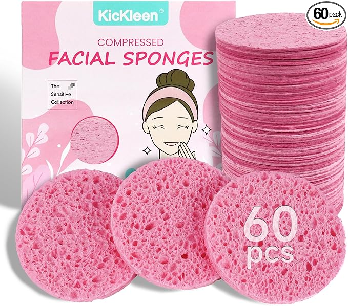 60-Count Compressed Facial Sponges|100% Natural Kickleen Cellulose Cosmetic Spa Sponges for Daily Facial Cleansing|Makeup and Mask Removal | Exfoliating | Skin Massage | Pore Exfoliation(Pink)