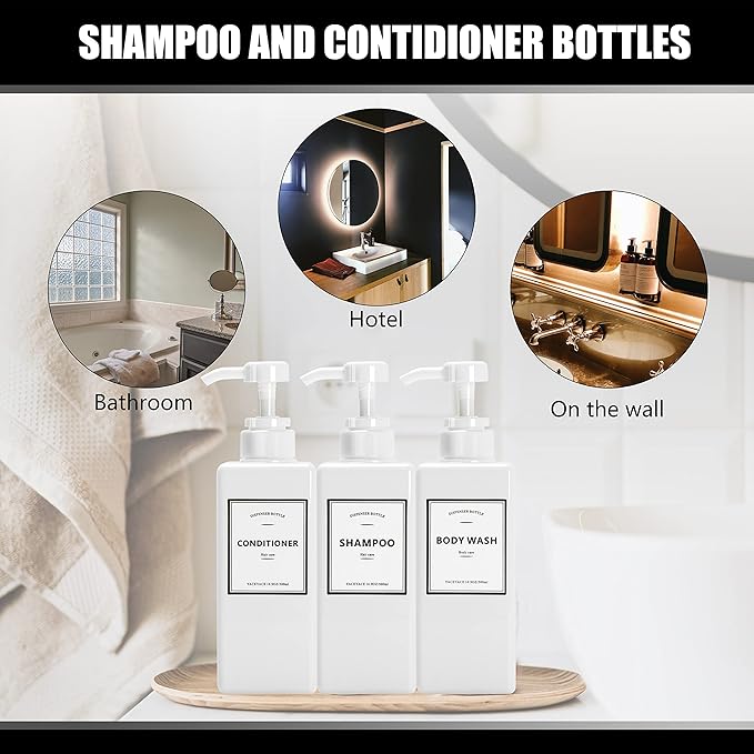 YACEYACE 16.9oz Set of 3 White Shower Dispensers with Labels, Refillable for Shampoo, Conditioner, Body Wash