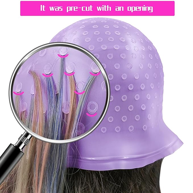 Punched Hole Silicone Highlight Hair Cap with Needle and Hair Coloring Brush, Highlighting Streaking Cap, Highlight Cap, Professional Salon Hairdressing Dyeing Staining Tools for Women Men