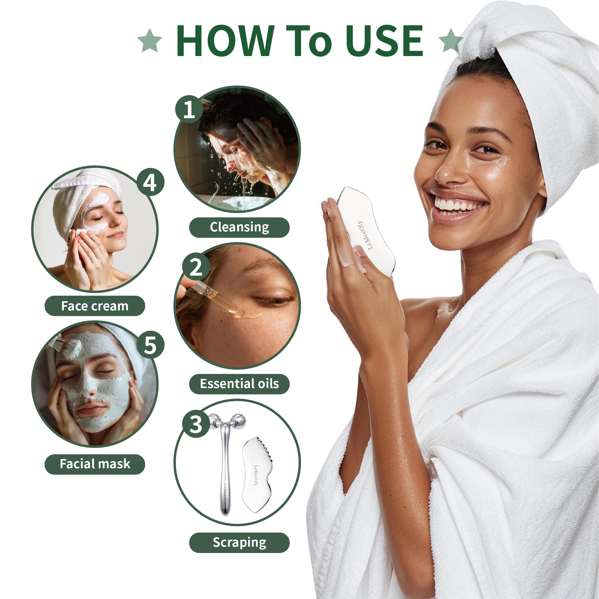 LeMeeOly Stainless Steel Gua Sha Facial Tools Metal GuaSha Tool for Face Neck, Detailer Gua Sha Lymphatic Drainage Reduce Wrinkles Face Massage Tool, Gift for Women (Guasha & Face Roller)