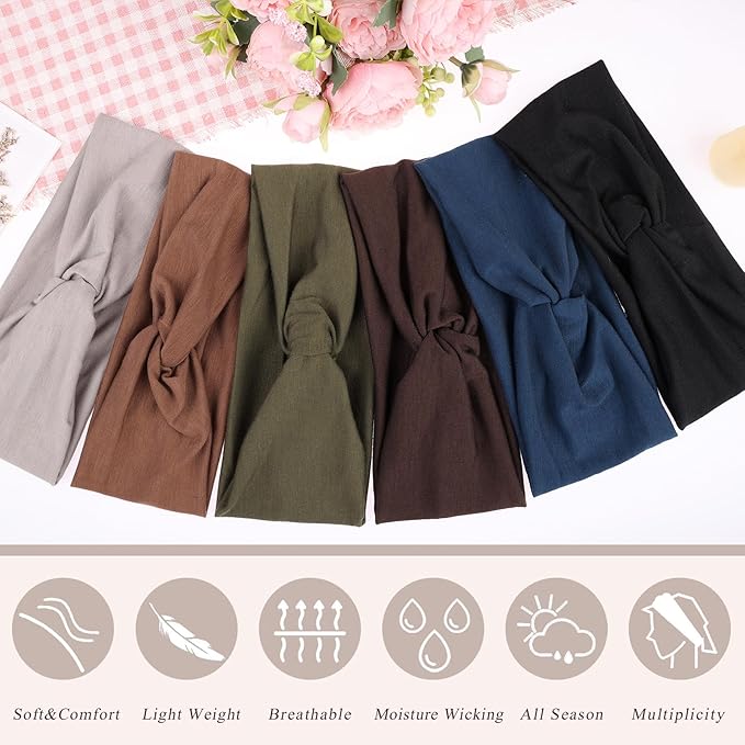 XTREND 6 Pcs Women's Headbands Twisted Cross Elastic Head Bands Yoga Workout Headband Non-Slip Sweat Soft Headbands Solid Color Simple Versatile Hair Accessory Hairbands
