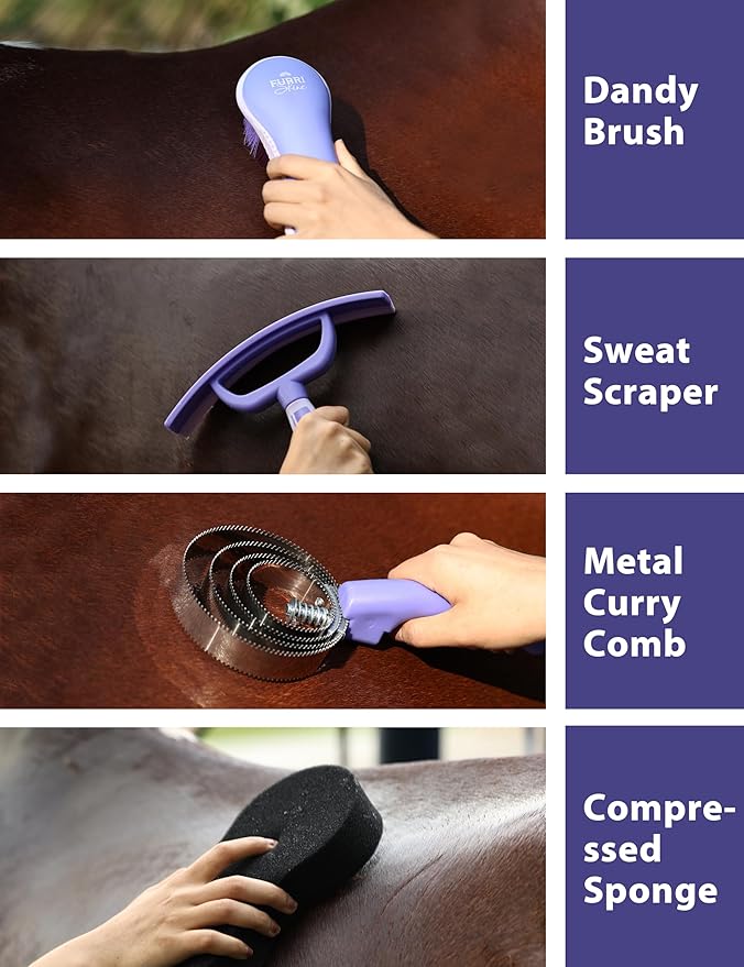 9-Piece Horse Grooming Brush Kit, Silicone Curry Comb & Grooming Brushes for Daily Care, Bathing & Shedding Sugar Taro
