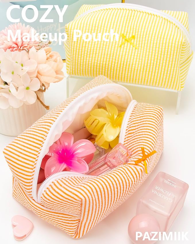 Cozy Makeup Bag for Women,Zipper Cosmetic Pouch,Stripe Orange,6 Pack