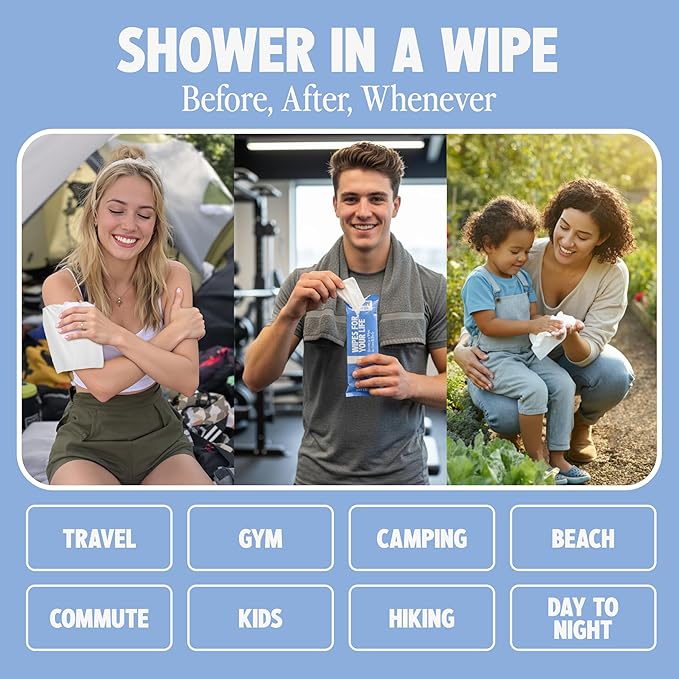 HyperGo XL Single Body Wipes for Women & Men – 12" x12" Rinse-Free Full Body Cleansing 30 Count Pack - Unscented | Biodegradable, Hypoallergenic, Aloe-Infused | Gym, Festival, Camping Essentials