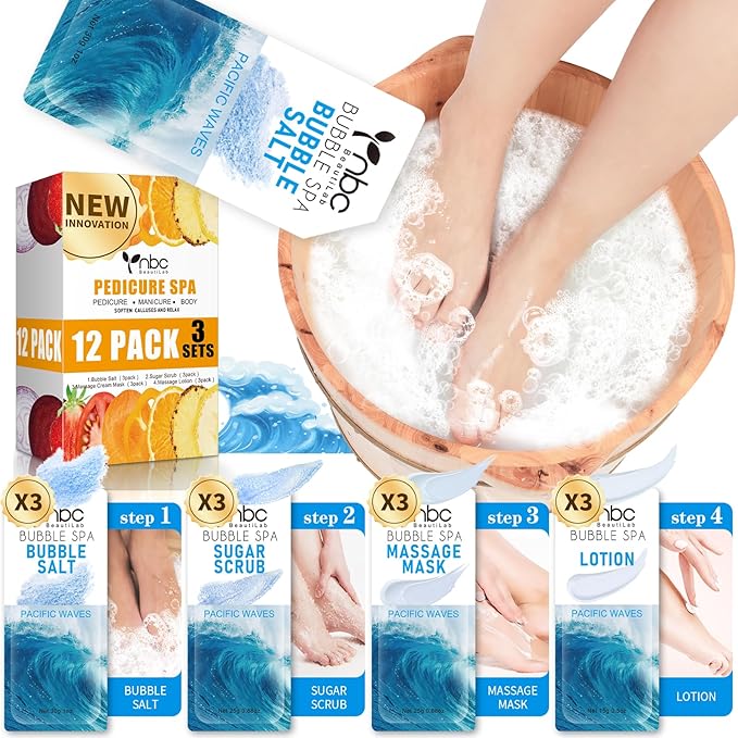 nbc BeautiLab Pedicure Kit Foot Soak Set: Bubble Salt, Sugar Scrub, Massage Mask, Massage Lotion in a Box, 4 Step Foot Spa Kit for Dry Feet, Calluses and Tired Feet(3 Set Pacific Waves)