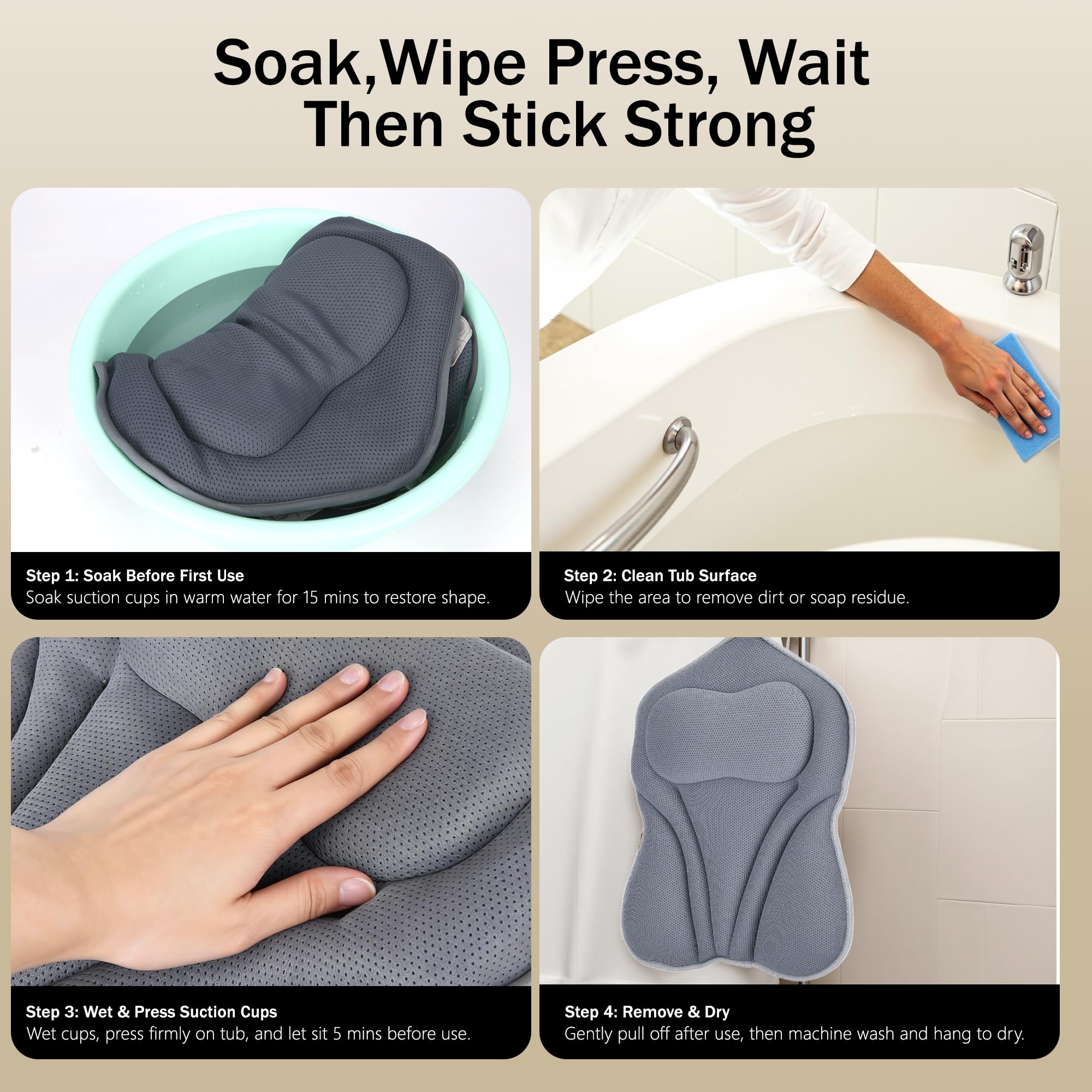 Bath Pillow PYRRHIC - Bathtub Pillow 5D Mesh with Neck & Back Support Non-Slip Suction Cups Fast Drying Soft Spa Pillow Relaxing Bath Accessories with Hook Laundry Bag Grey