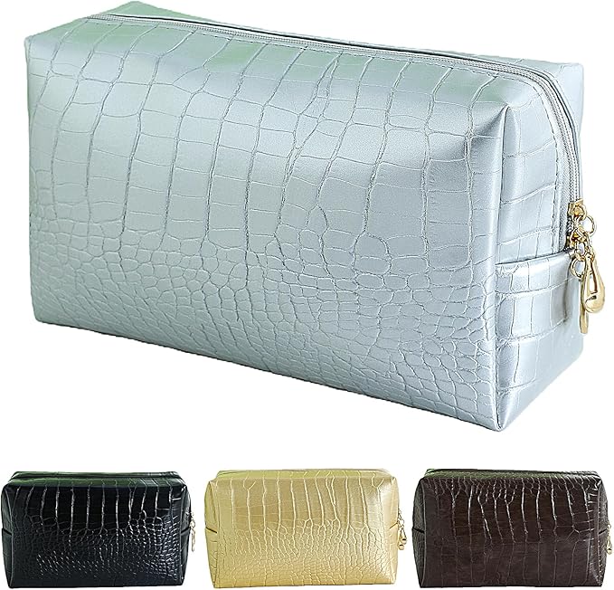 YUDEYG Makeup Bag for Purse, Compact Toiletry Pouch, Crocodile-Embossed Cosmetic Travel Bag, Small Makeup Pouch, Unisex Toiletry Travel Bag