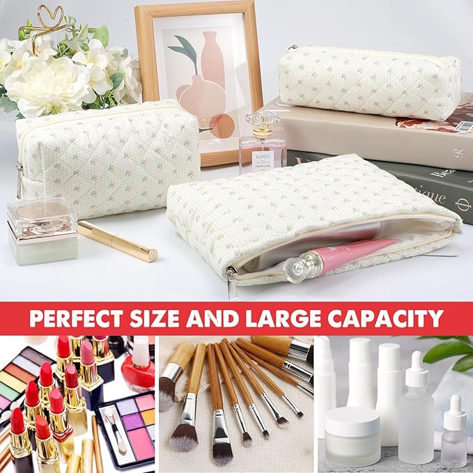 Gocvo 3 Pcs Makeup Bag Cosmetic Bag Set for Girls Women Checkered Travel Organizer Bathroom Toiletry Pouch Large Capacity Storage Bag(Small Flower Blue)