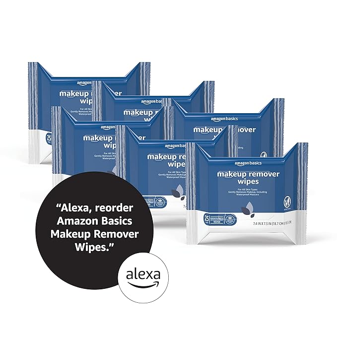 Amazon Basics Makeup Remover Wipes, Gentle Cleansing, Dermatologist Tested, Original, Plant Based, Alcohol-Free, Removes Waterproof Mascara, pH Balanced, 25 Count, 6-Pack