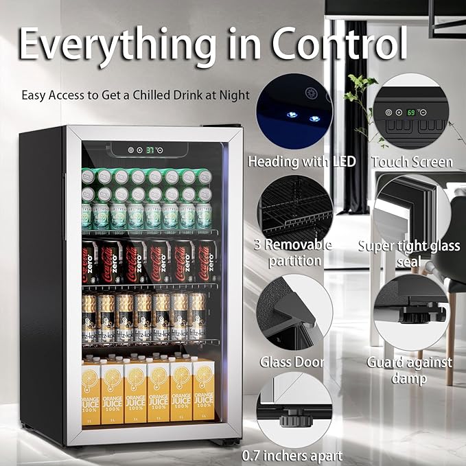Erivess 3.0 Cubic Feet/105 Can Beverage Refrigerator,28 Inch Fridge with Adjustable Shelve & LED Display for Soda Beer or Wine, Drink Refrigerator for Home Bar Office(Silver)