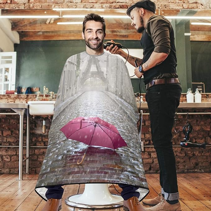 Visesunny Romantic Eiffel Tower Pink Umbrella Barber Anti-Static Hair Cutting Cape Professional Salon Polyester Cape Water-Resistant Hairdressing Adjustable Snap