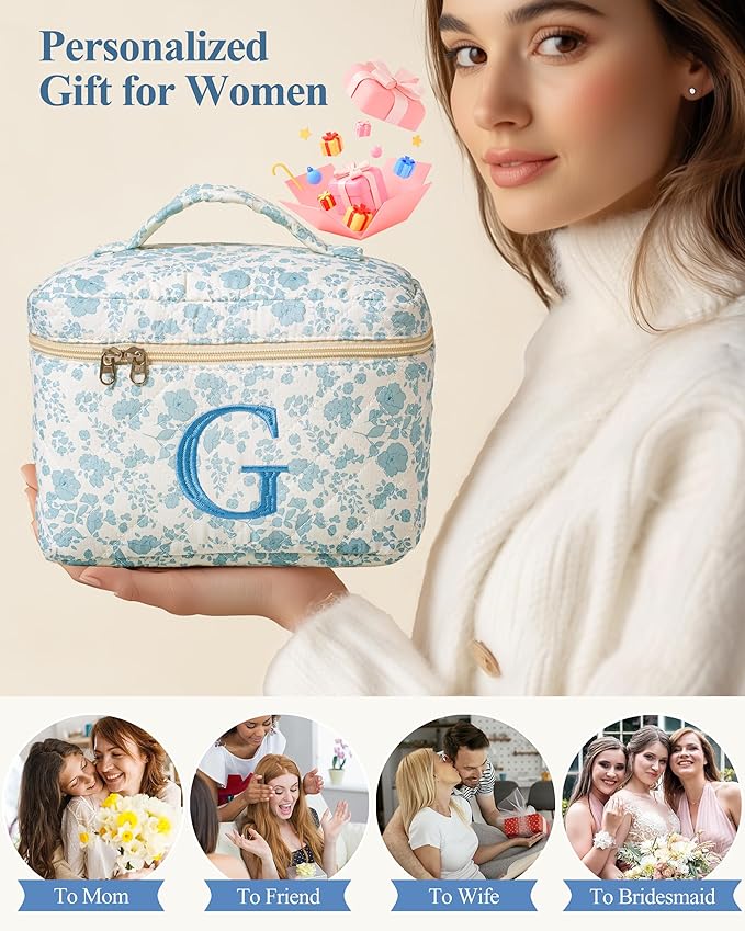 HBselect Initial Quilted Makeup Bag, Cotton Large Travel Make up Bag, Cute Floral Coquette Cosmetic Bag Toiletry Bag for Women Girls G