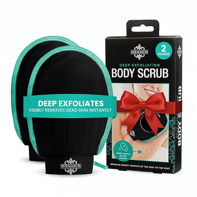 Dermasuri - Deep Exfoliating Glove - Korean Exfoliating Mitt & Body Scrubber - Keratosis Pilaris Treatment Scrub - Self Tanner Mitt & Ingrown Hair Exfoliator - Shower Gloves for Women & Men - (2 Pack)