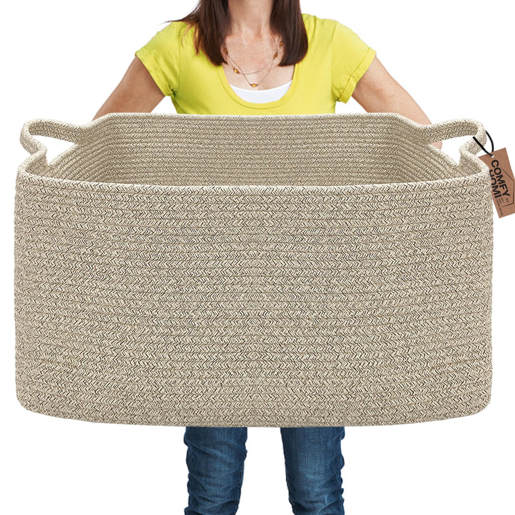 COMFY-HOMI Large Rectangular Blanket, Cotton Rope Woven for Storage, LaundryHamper, Storage,Toy Organizing Bin with Handle, Organizer and Storage-22x15x12-