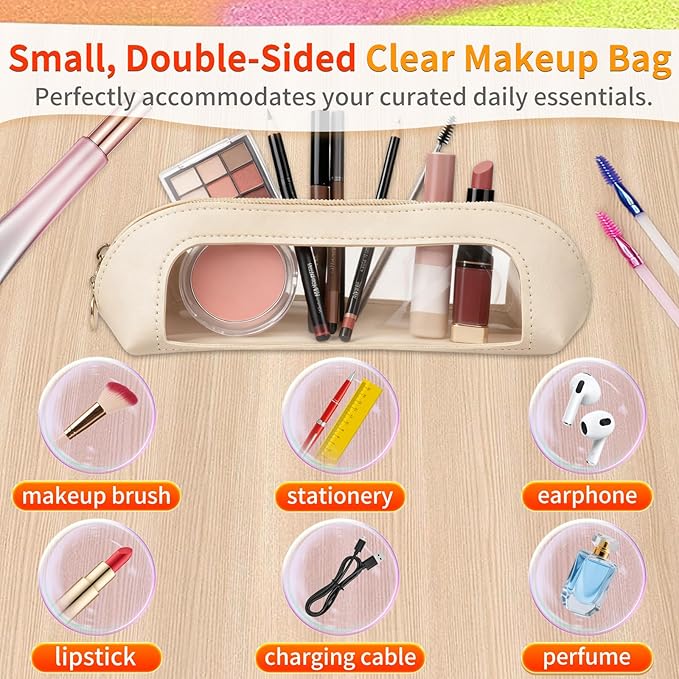 Gthiely Small Double Sided Clear Makeup Bag - Waterproof Portable Makeup Brush Bag PU Leather Travel Makeup Brush Case Cosmetic Organizer Pouch with Zipper for Women Home Travel Office (White)