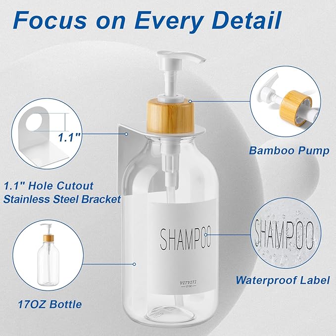 VITVITI Shampoo and Conditioner Dispenser, Body Wash Shower Soap Dispenser Wall Mounted 3 Chamber, Drill Free 17oz Plastic Shower Bottles for Bathroom, Clear 3 Sets