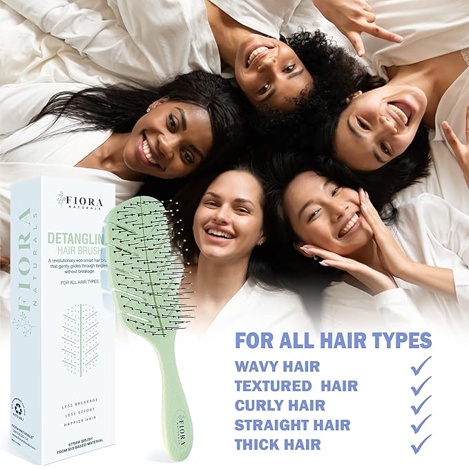 Detangler Brush by Fiora Naturals - 100% Bio-Friendly Detangling brush w/Ultra-Soft Bristles - Glide Through Tangles with Ease - For Curly, Fine, Black Natural, Women, Men, Kids - Dry and Wet Hair